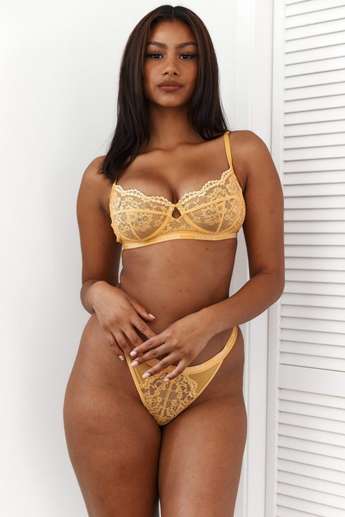 Lounge Underwear Blossom Balcony Bra & Tanga Set Senfgelb | OZ7468092