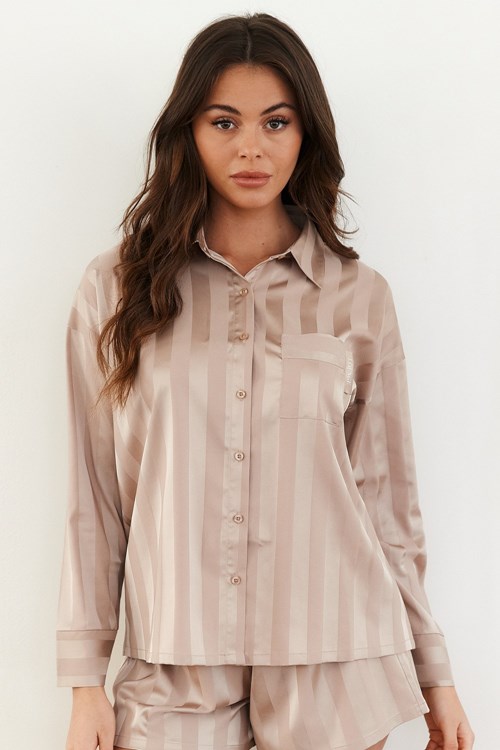 Lounge Underwear Gestreift Satin Pajama Shirt Mink | AD1780549